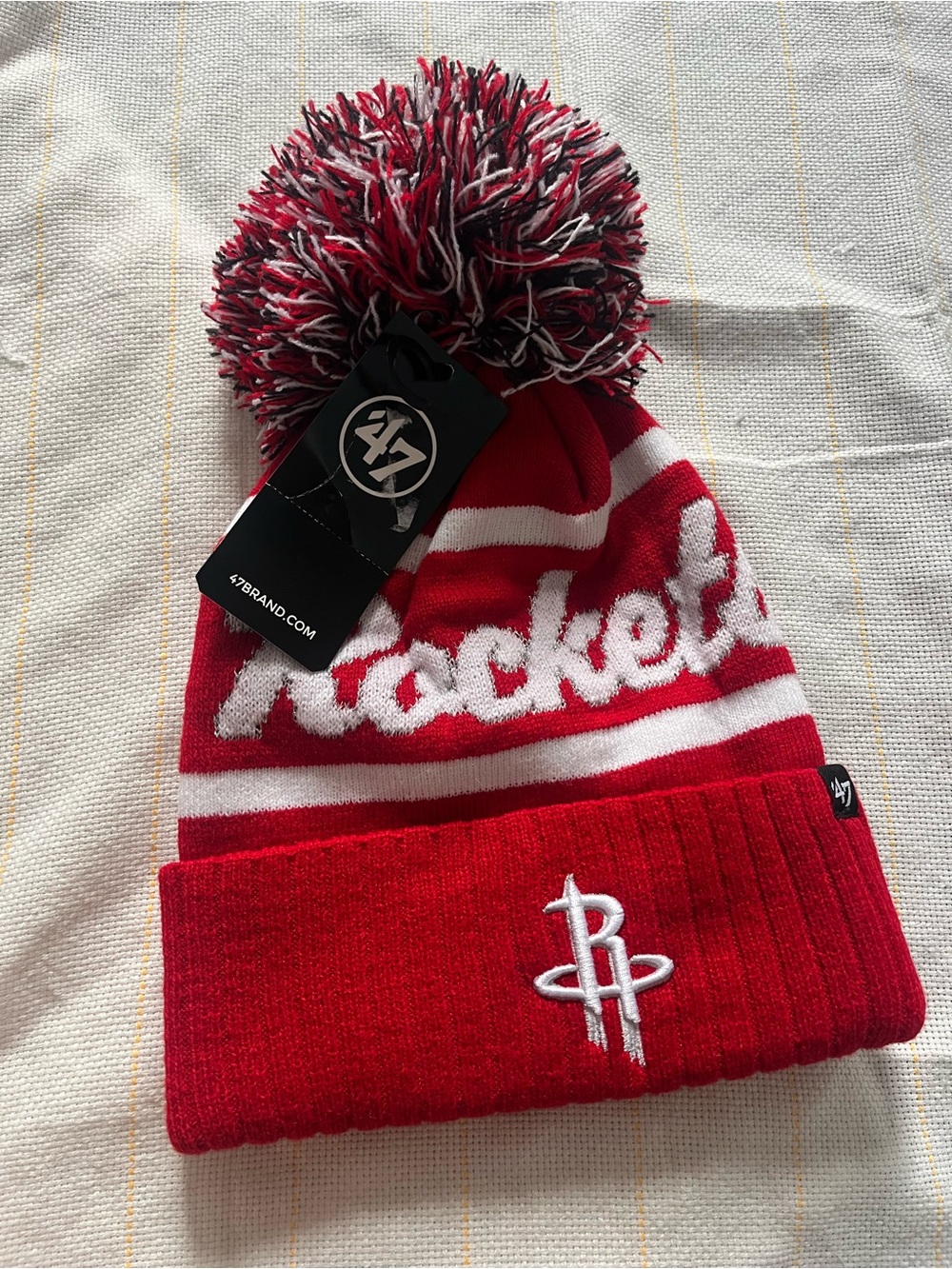 47 Houston Rockets Red and White Knit Pom Beanie